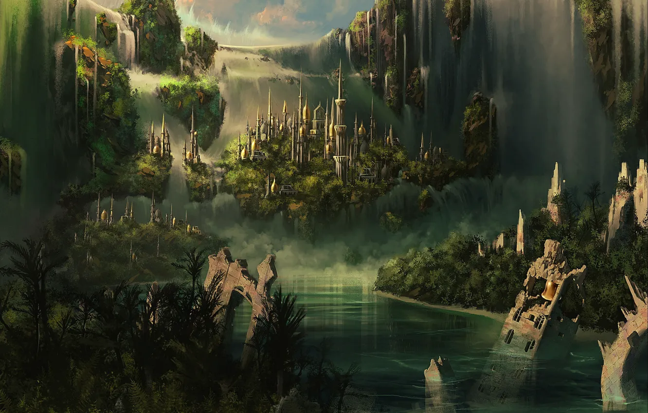 Фото обои облака, горы, город, замок, Atlantis, водопад, башни, руины