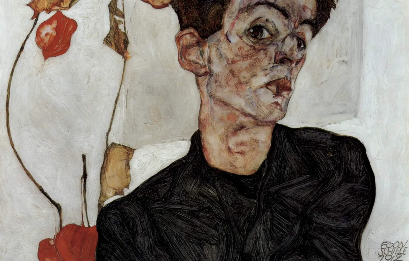 Фото обои Автопортрет, Egon Schiele, с цветами фонариками