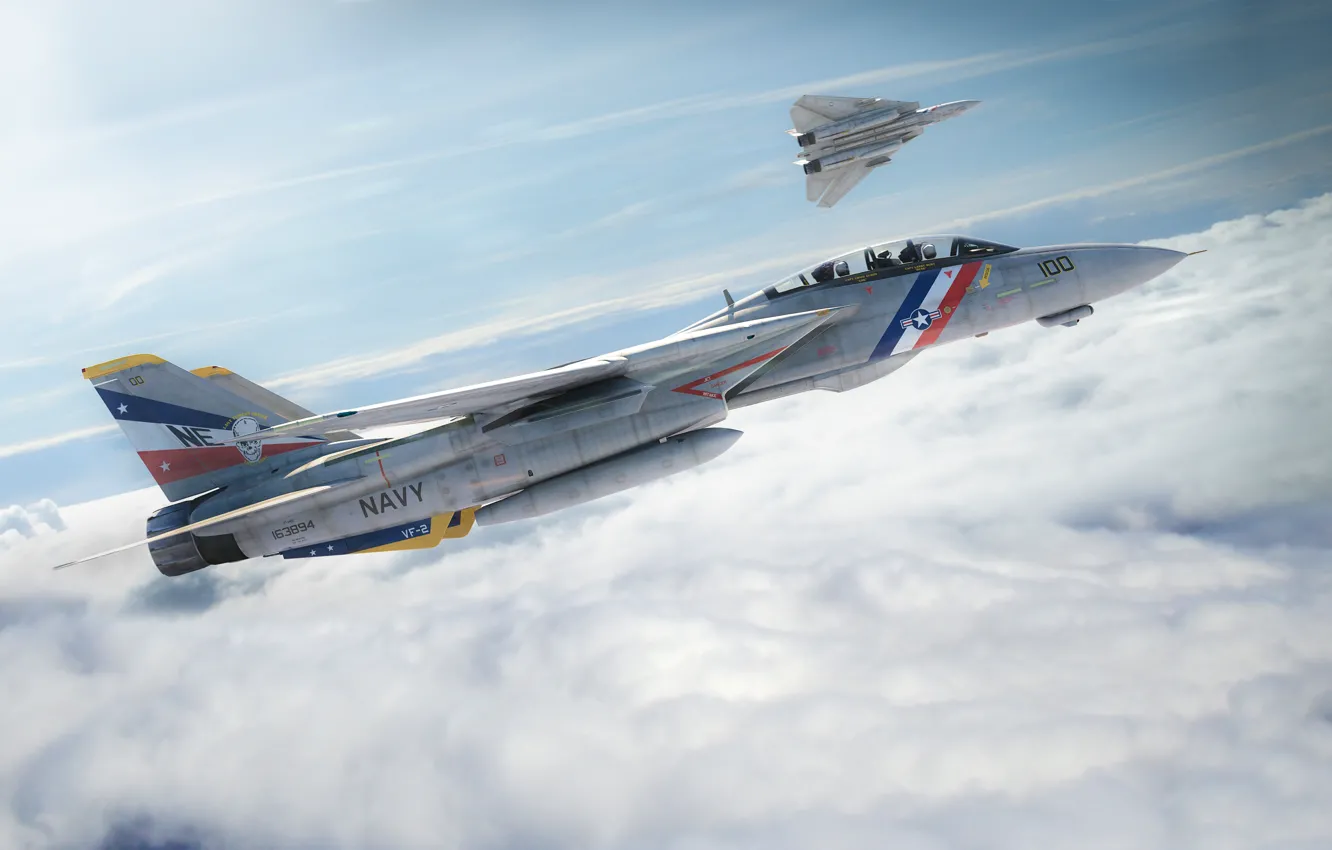 Фото обои небо, полет, самолет, истребитель, f-14, tomcat