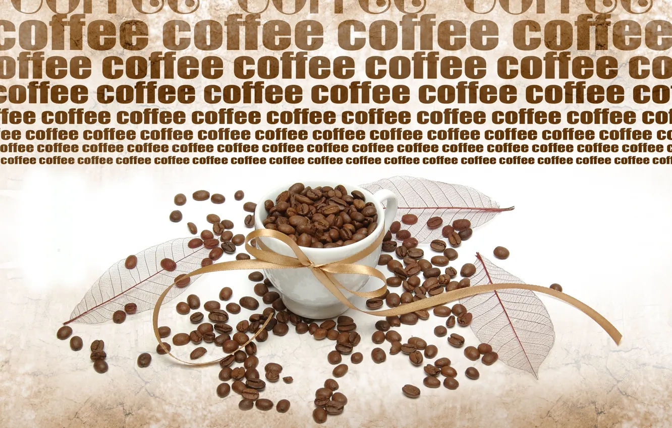 Фото обои надпись, кофе, кружка, кофейные зёрна, листики, ленточка, coffee