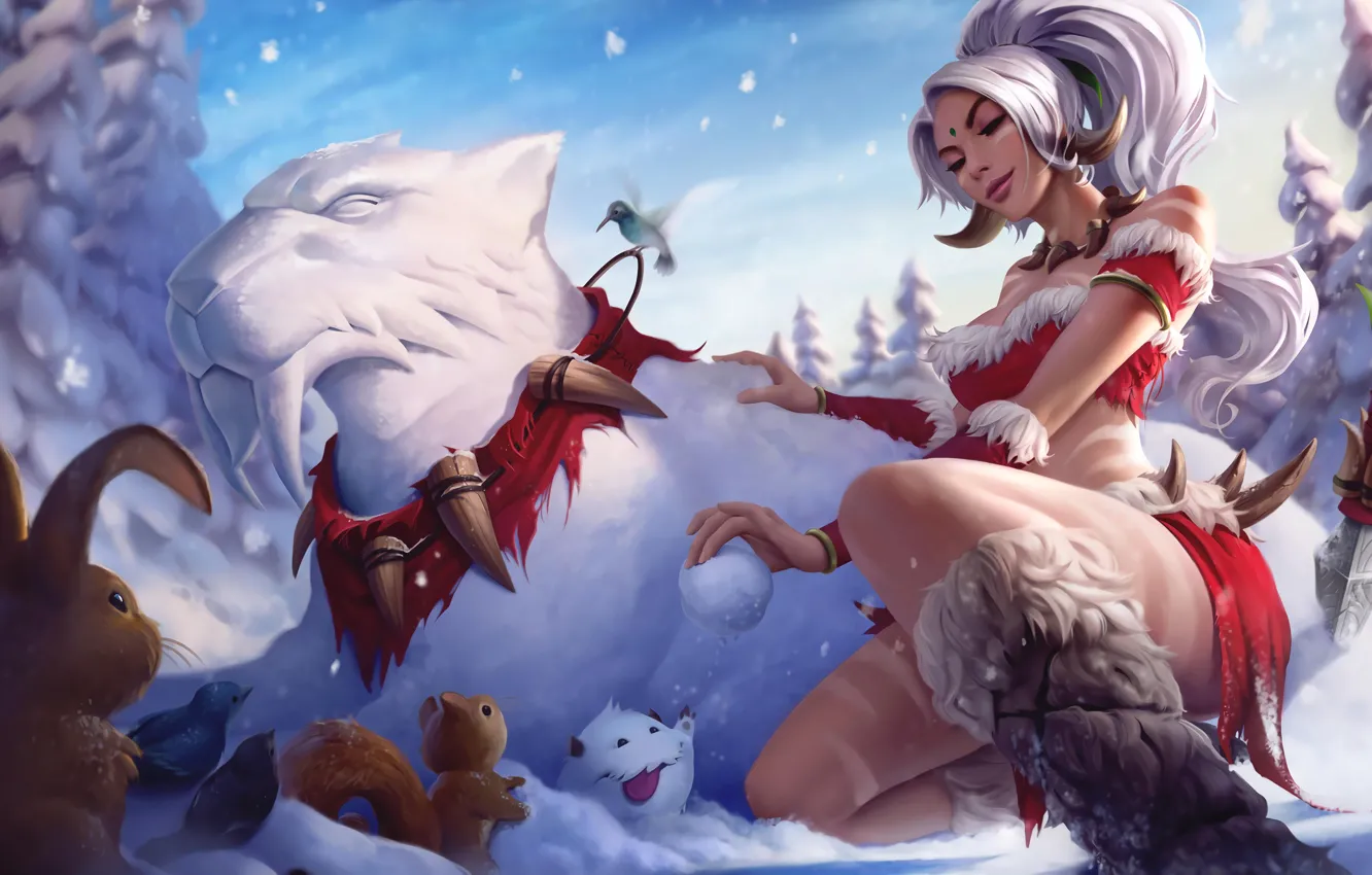 Фото обои праздник, игра, новый год, League of Legends, снежок, Нидали, снежная пума, Снежный кролик Нидали