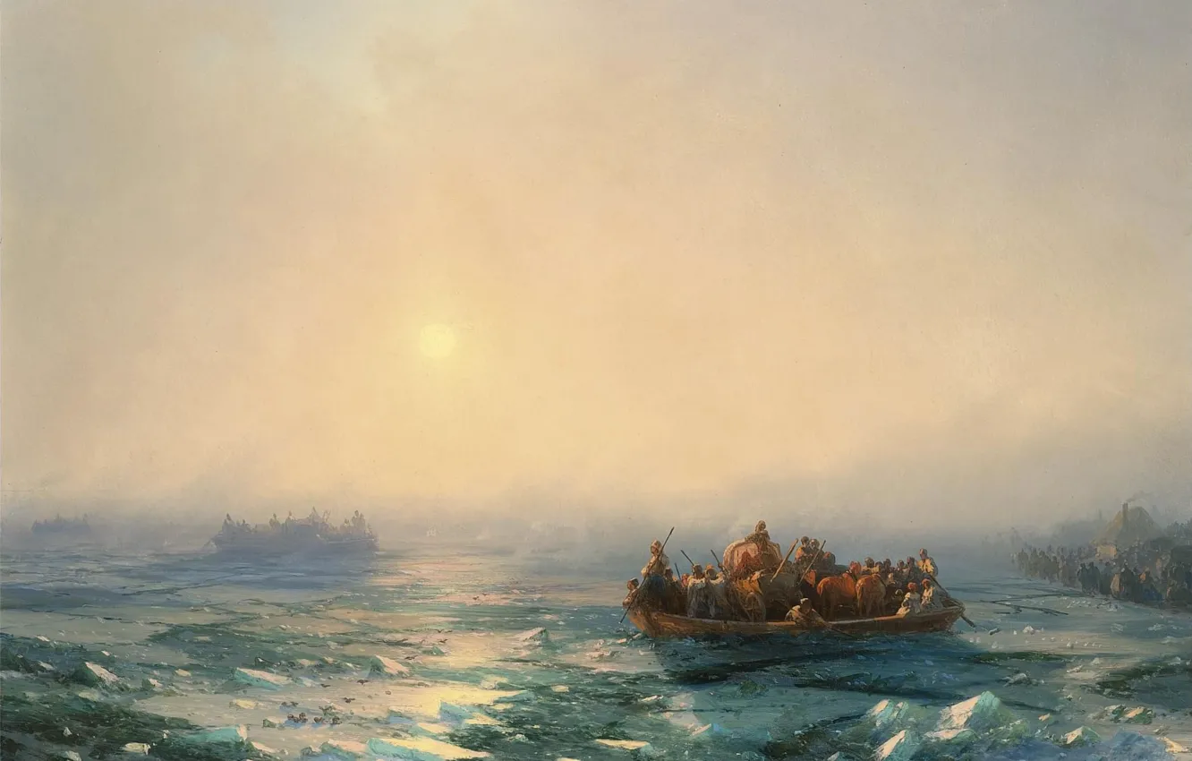 Фото обои лодка, картина, Иван Айвазовский, 1872, Лёд на Днепре