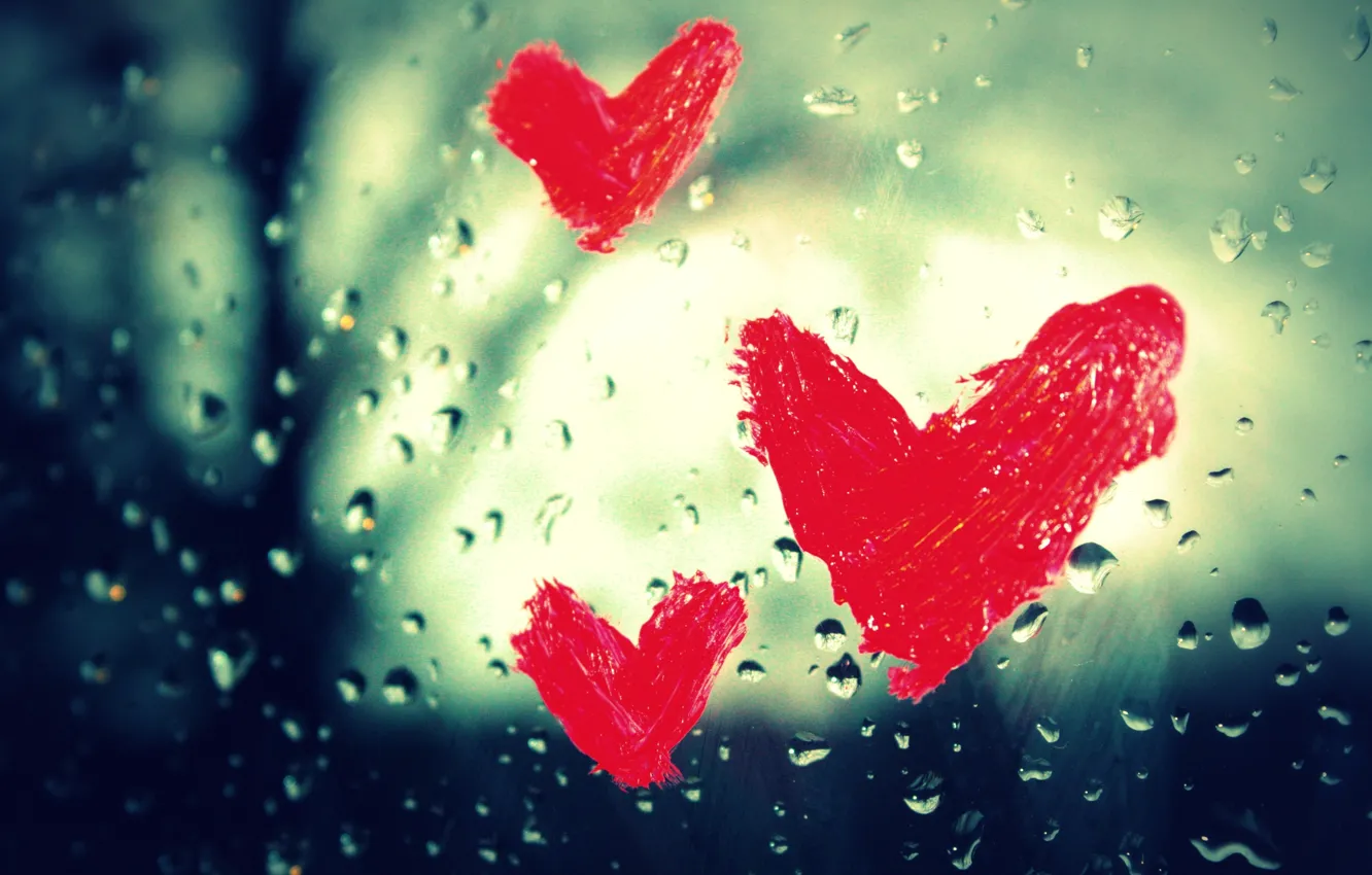 Фото обои стекло, капли, макро, любовь, дождь, сердце, окно, сердечки