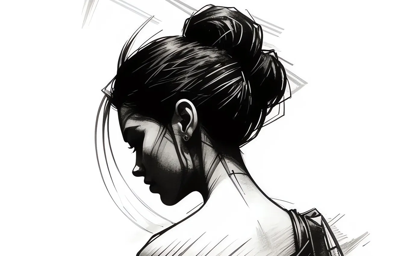 Фото обои minimalism, girls, hair, black and white, drawing, portrait, backwards, backdrop