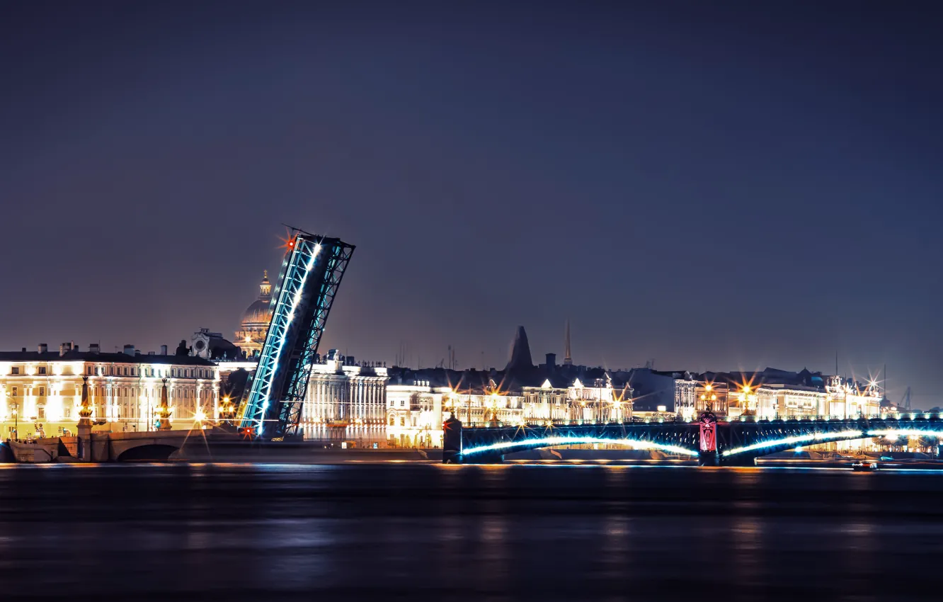 Фото обои ночь, мост, огни, река, Russia, набережная, питер, санкт-петербург