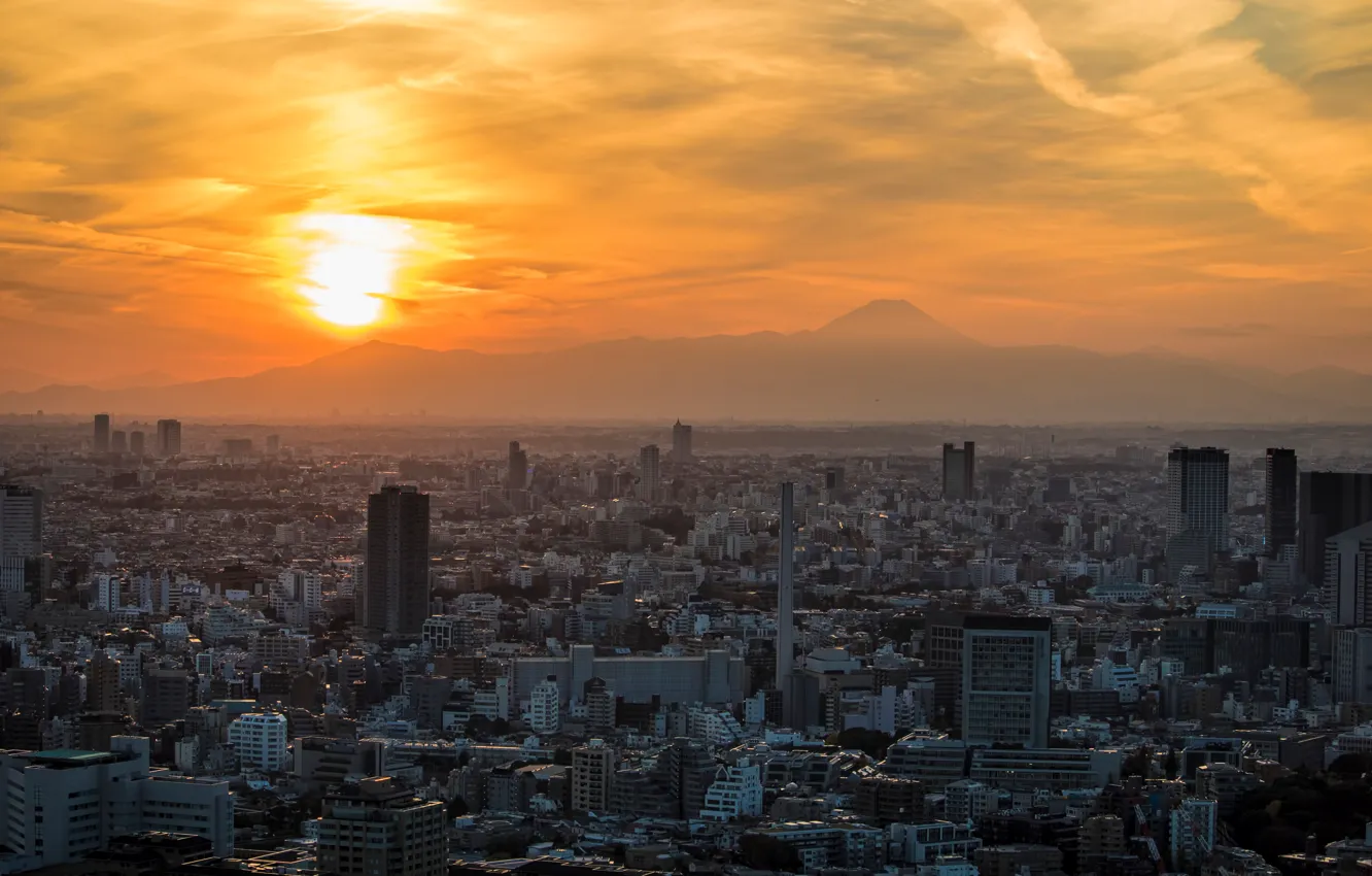 Фото обои рассвет, дома, небоскребы, панорама, Tokyo, мегаполис