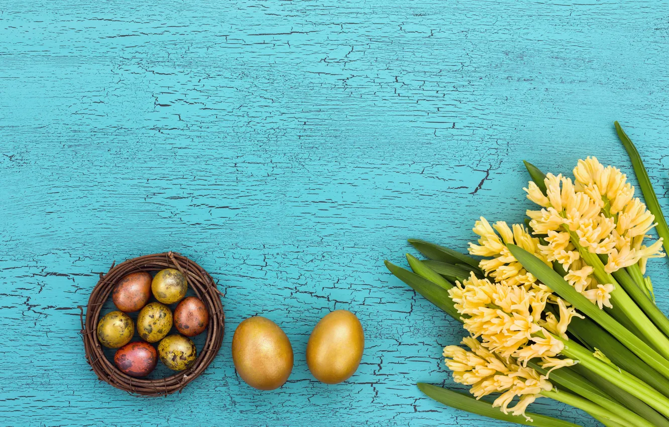 Фото обои яйца, весна, Пасха, гнездо, гиацинты