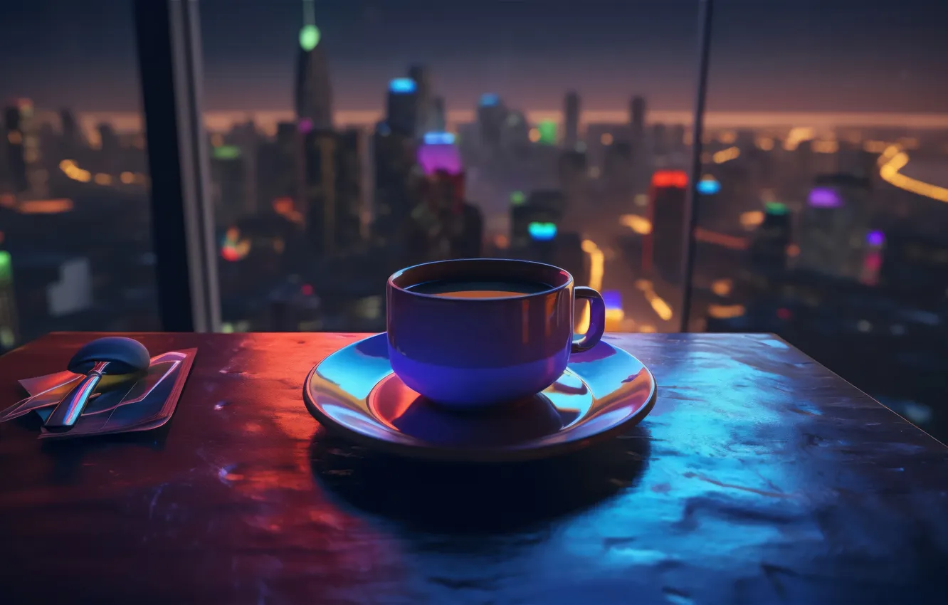 Фото обои Art, Coffee, Cup, Building, Scenery, Window, AI Generated
