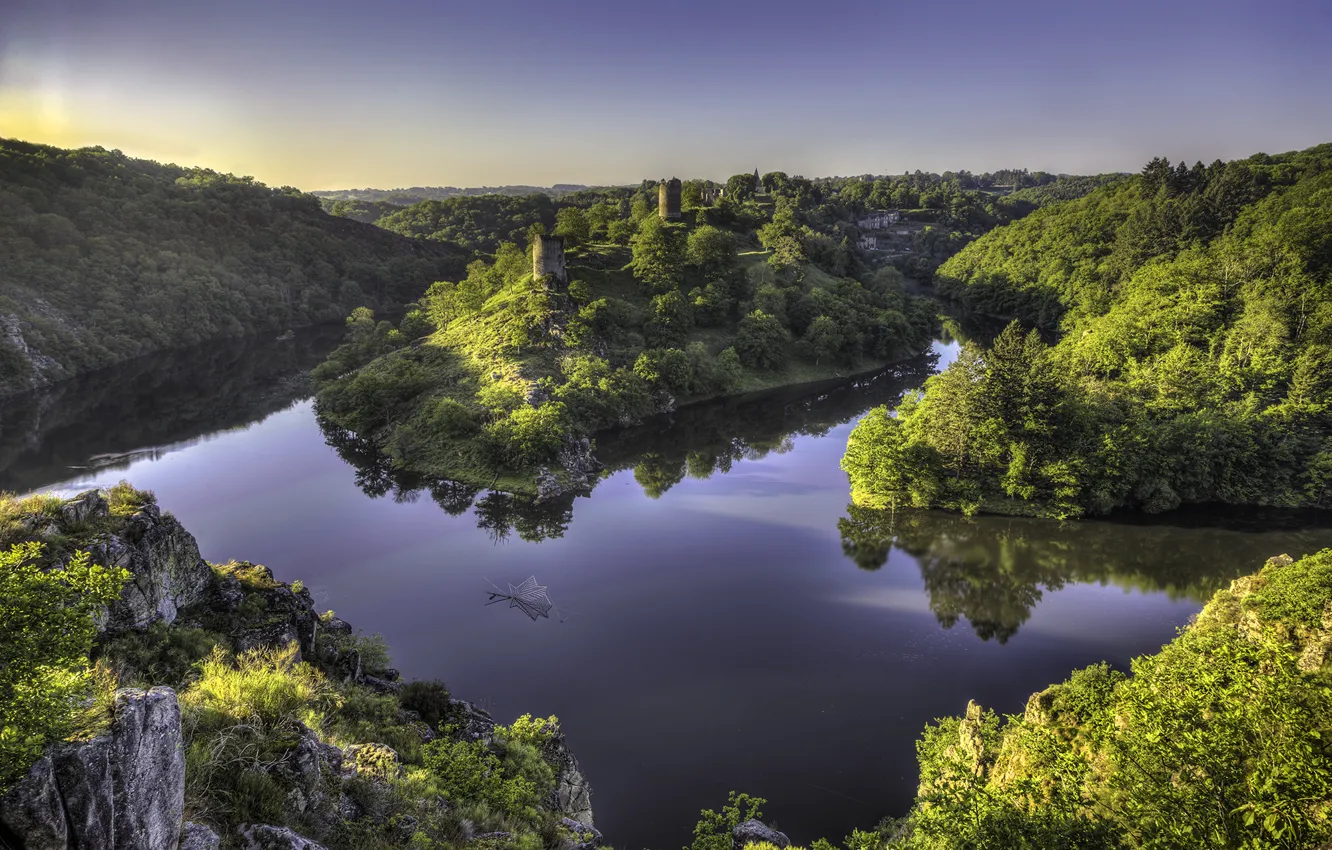 Фото обои лес, Франция, панорама, реки, France, река Крёз, Creuse river, Крозан