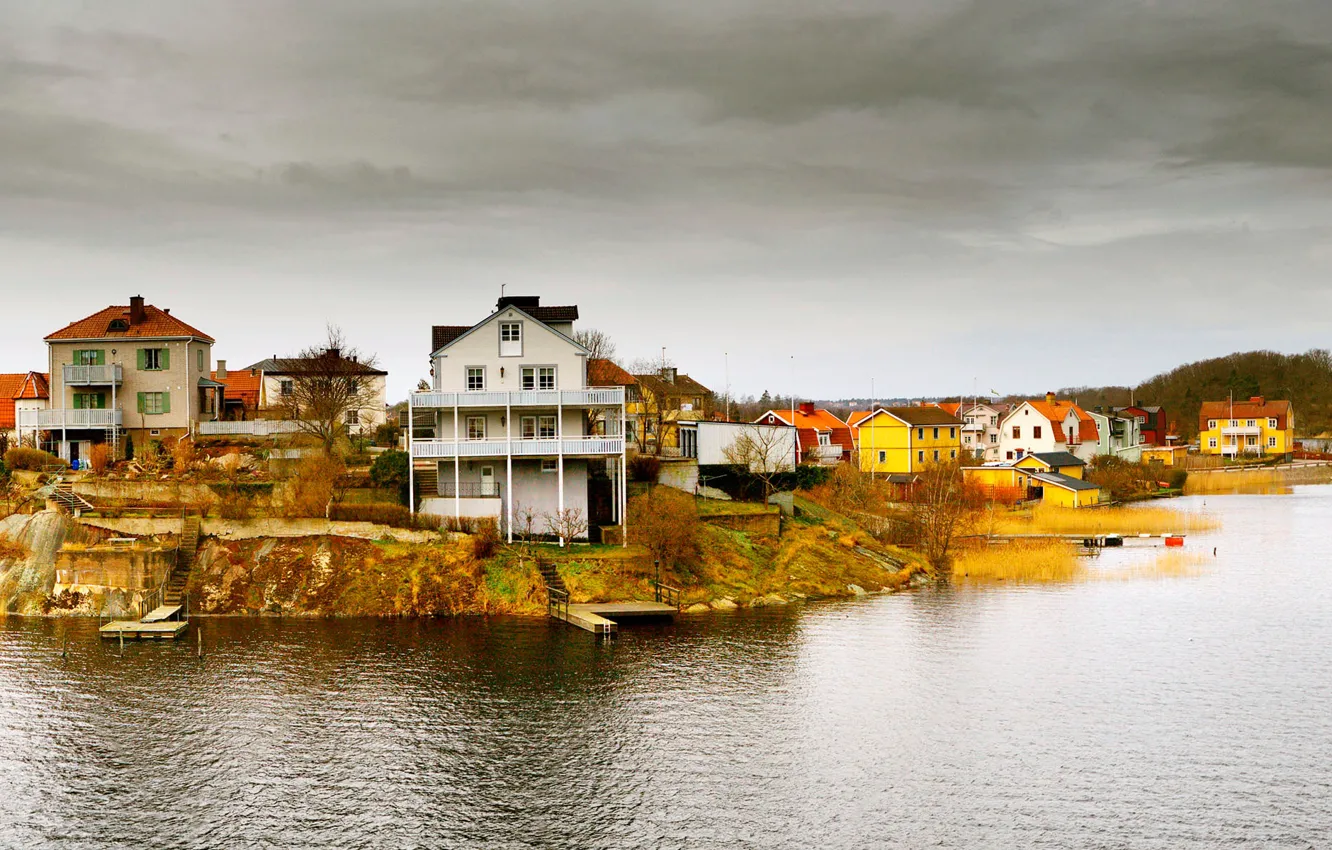 Фото обои море, дома, Норвегия, панорама