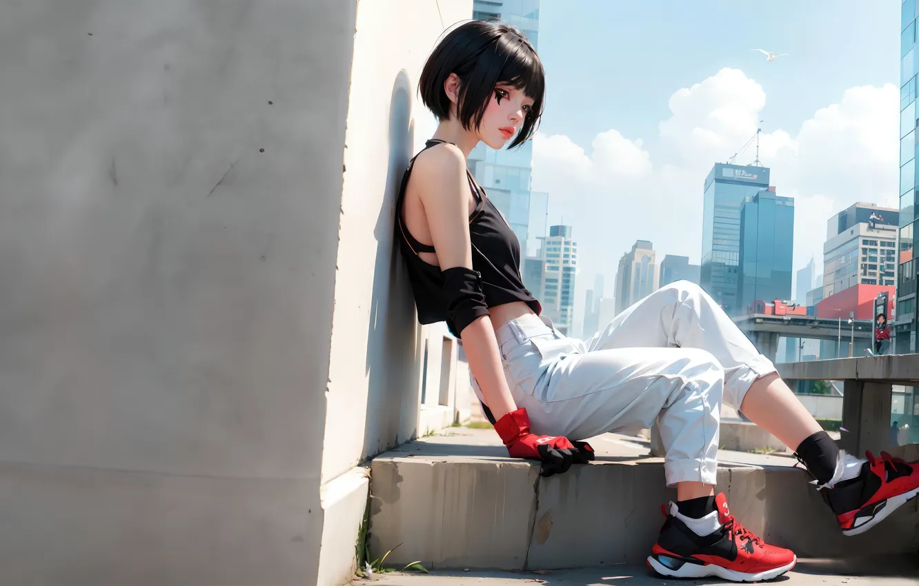 Фото обои city, город, аниме, брюнетка, девочка, girl, Mirror's Edge, anime