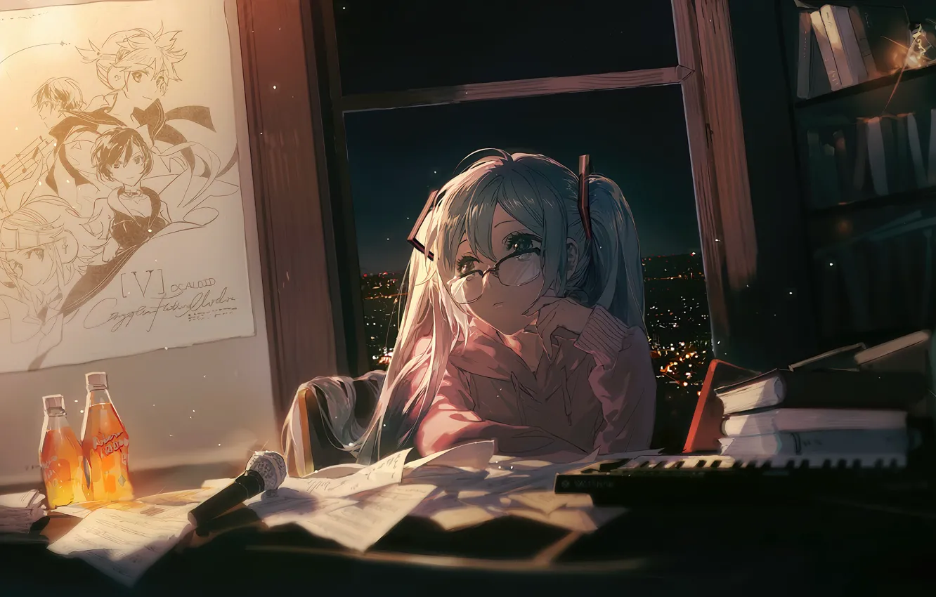 Фото обои ноты, книги, микрофон, vocaloid, hatsune miku, в комнате, в очках, хатсуне мику