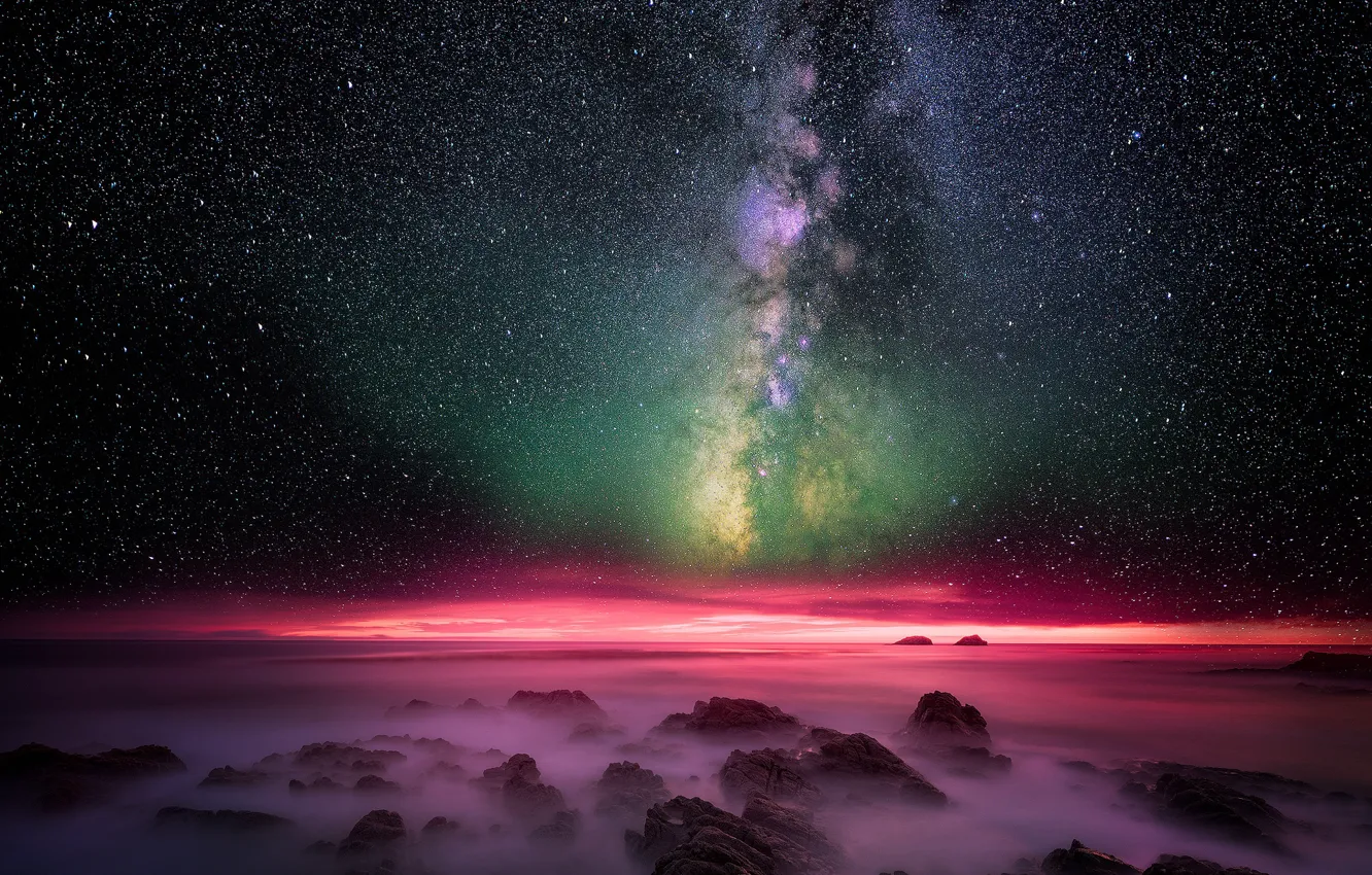 Фото обои море, небо, звезды, ночь, млечный путь