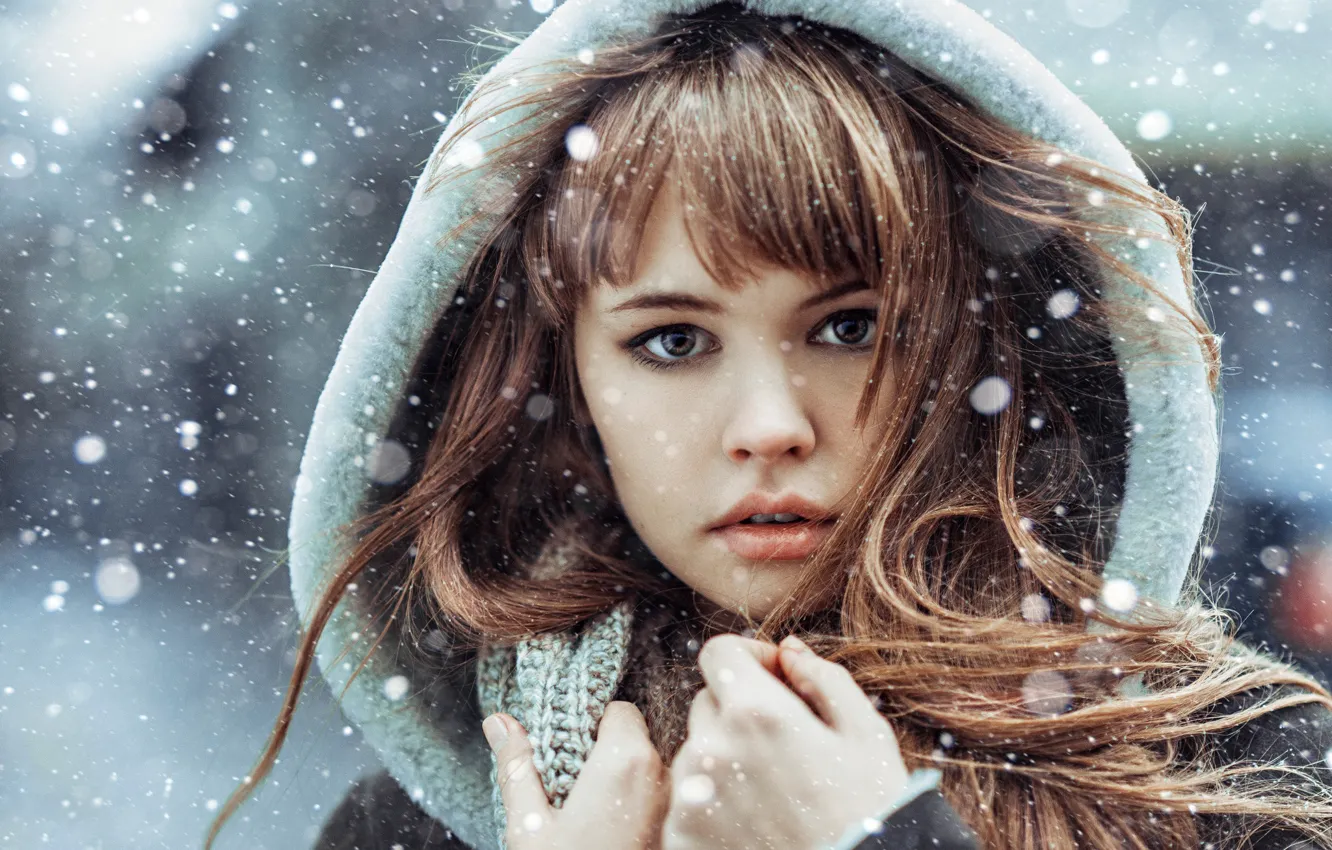 Фото обои снег, портрет, кареглазая, Snowfall, Анастасия Щеглова