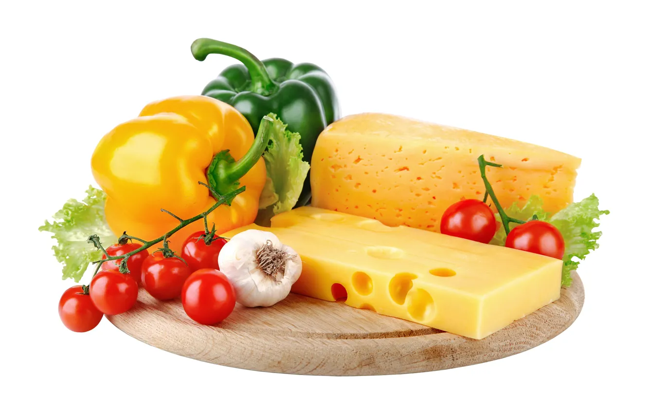 Фото обои сыр, доска, перец, овощи, помидоры