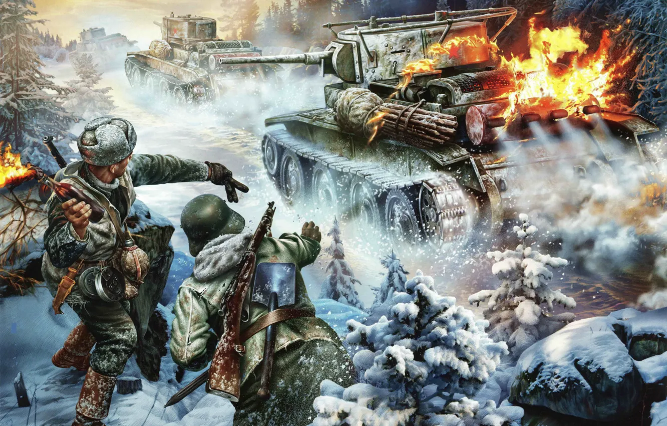 Фото обои зима, рисунок, Война, арт, автомат, солдаты, танк, вторая мировая
