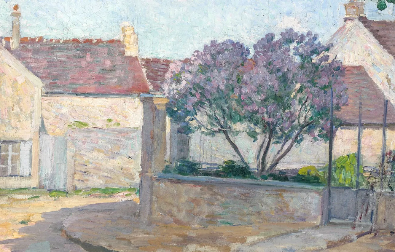 Фото обои дом, улица, картина, городской пейзаж, Анри Лебаск, Village Street in Anjou
