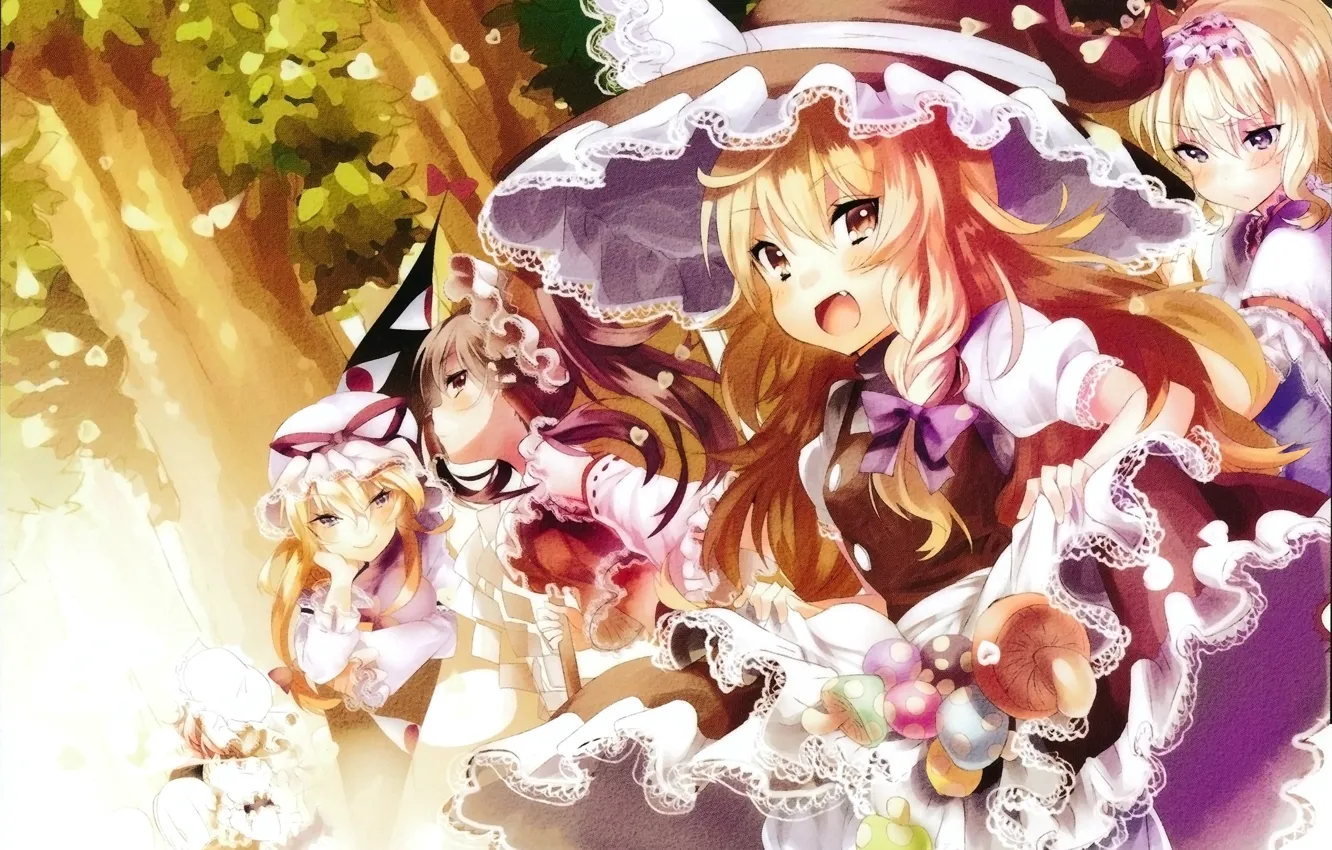 Фото обои лес, эмоции, грибы, art, подруги, оборки, yakumo yukari, hakurei reimu