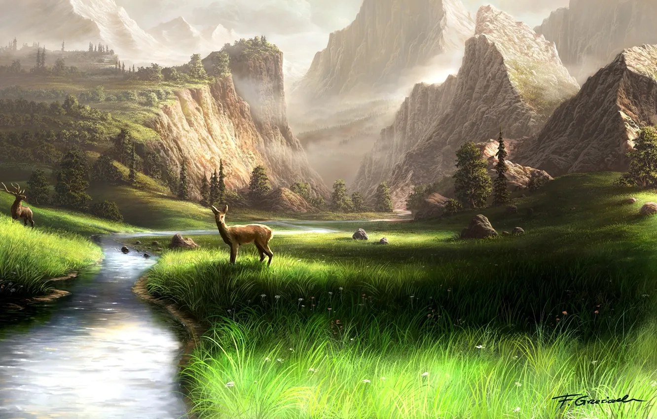 Фото обои трава, горы, река, камни, арт, рога, олени, Fel-X
