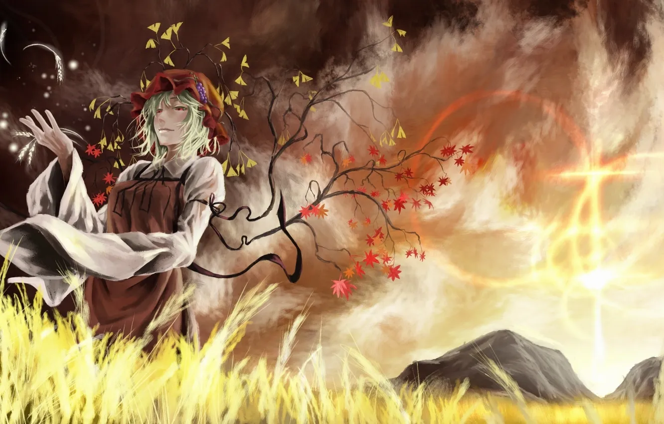 Фото обои поле, небо, девушка, дерево, ветер, листва, платье, арт