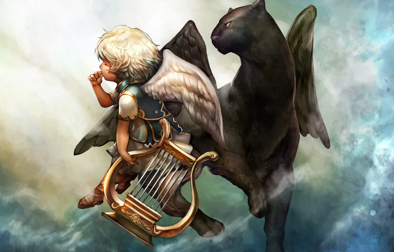 Фото обои животное, крылья, ангел, аниме, пантера, арт, арфа, парень