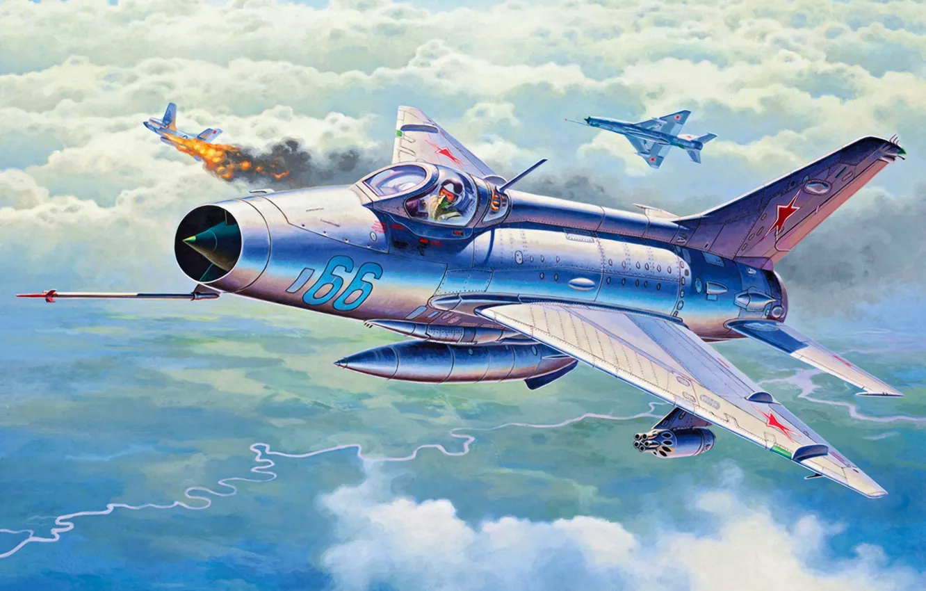 Фото обои war, art, airplane, painting, aviation, jet, MIG-21F-13