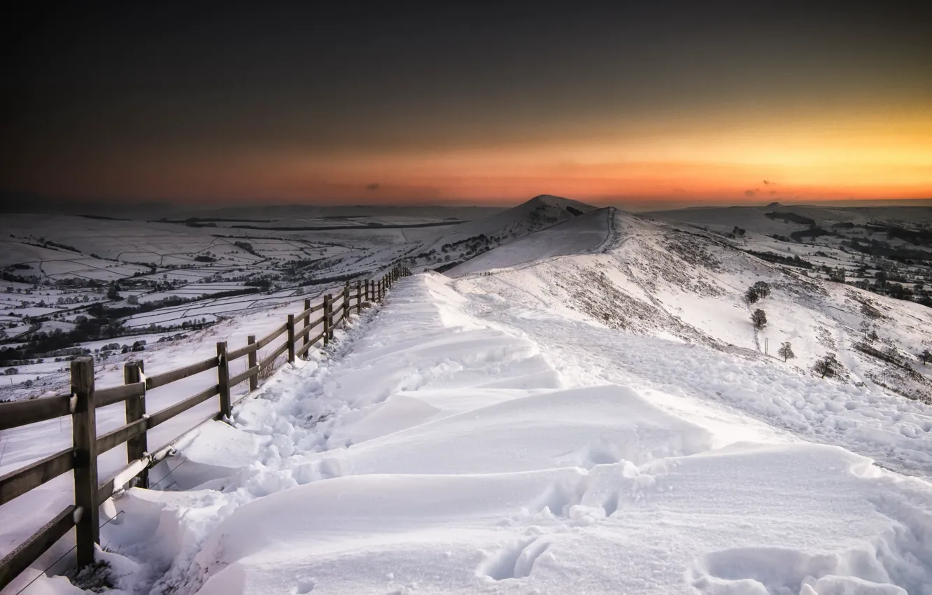 Фото обои зима, снег, пейзаж, ночь, забор