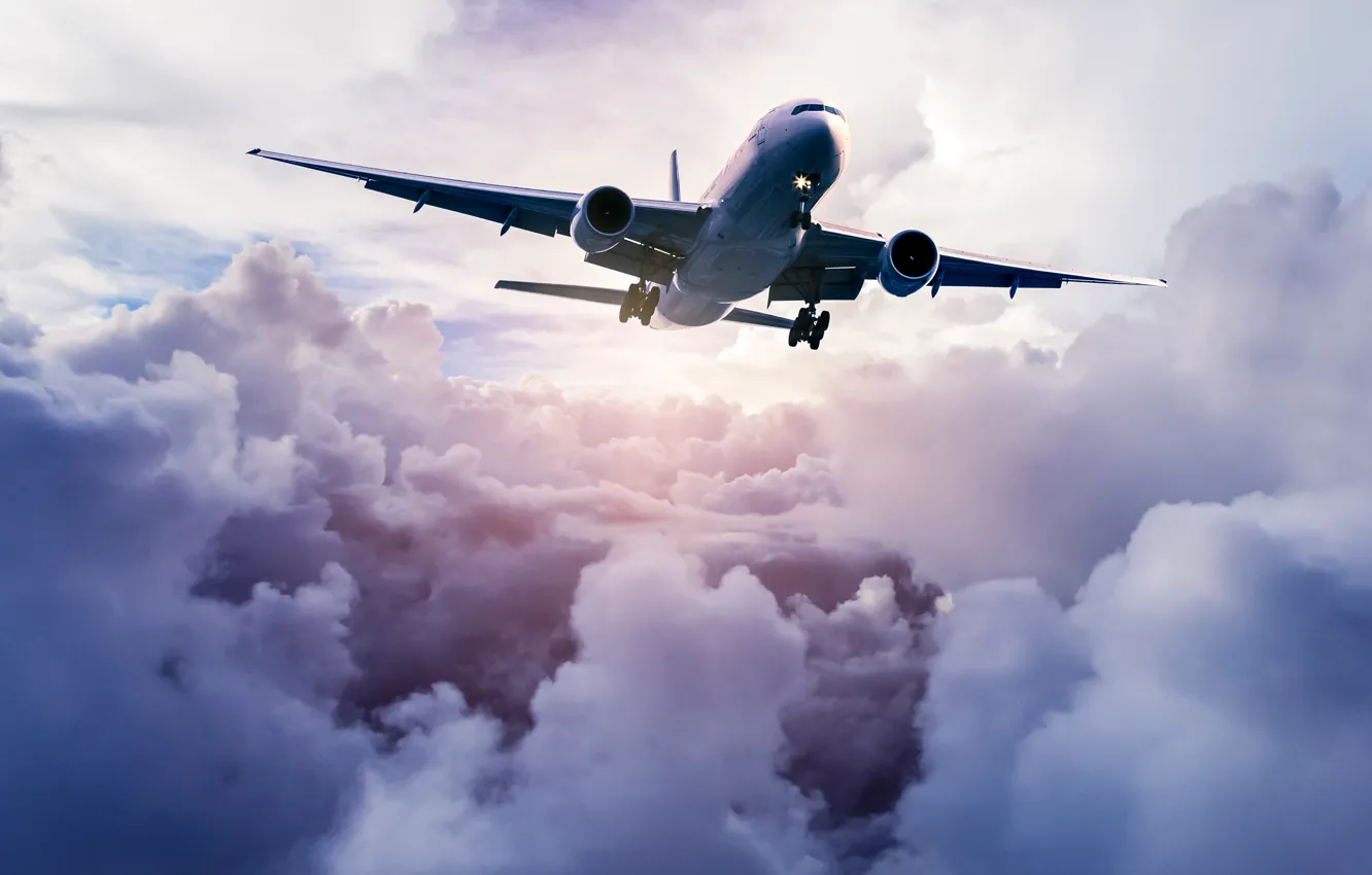 Фото обои небо, облака, самолет, летит, в воздухе, пассажирский, высоко, авиалайнер