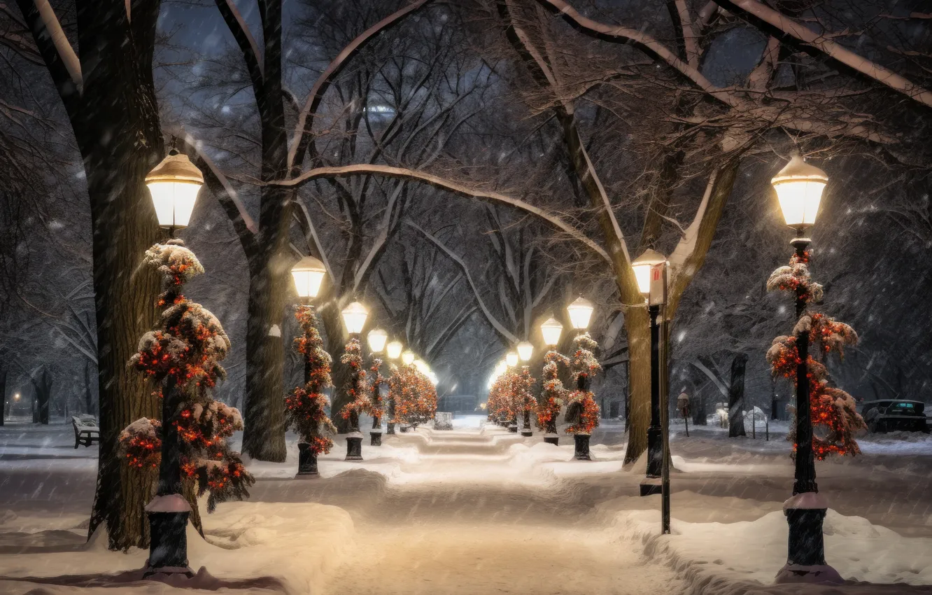 Фото обои зима, снег, ночь, парк, улица, фонари, аллея, night