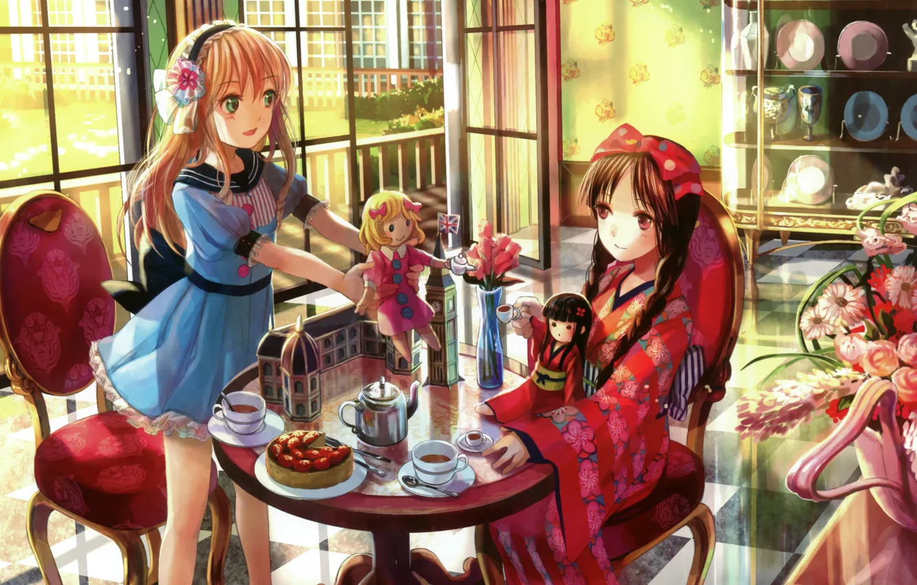 Фото обои куклы, кресло, чаепитие, посуда, кимоно, букет цветов, играют, в комнате
