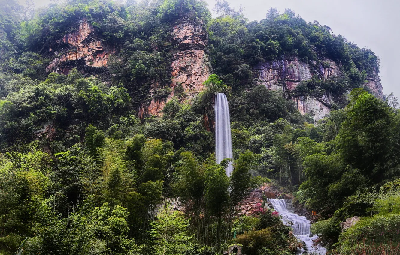 Фото обои деревья, горы, природа, водопад, Китай