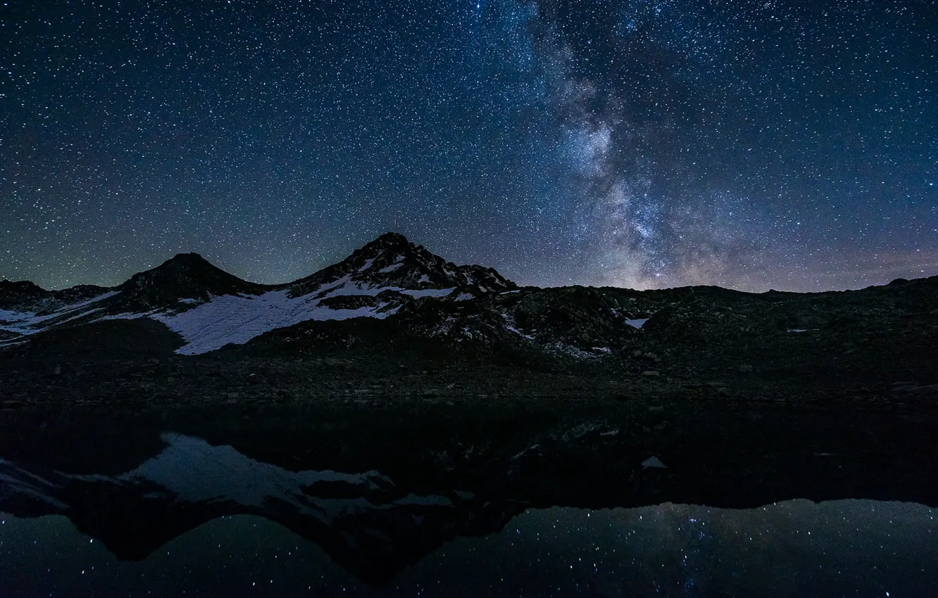 Фото обои космос, звезды, горы, озеро, отражение, зеркало, Млечный Путь, тайны