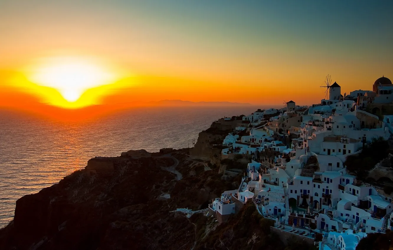 Фото обои закат, побережье, Санторини, Греция, Santorini, Oia, Greece, Эгейское море