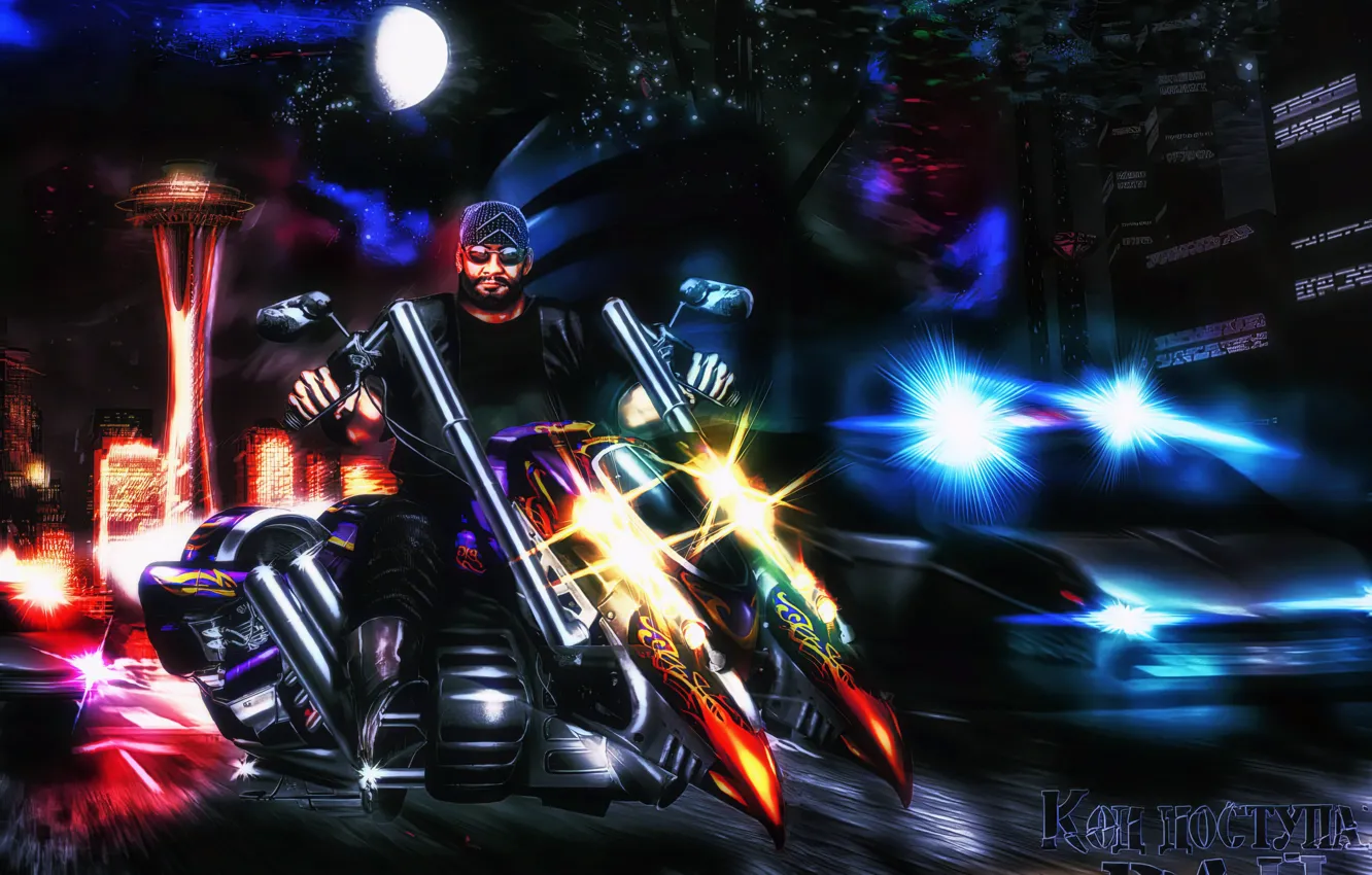 Фото обои road, cyberpunk, biker, futuristic car, game art, sci-fi art, mist-land, paradise cracked