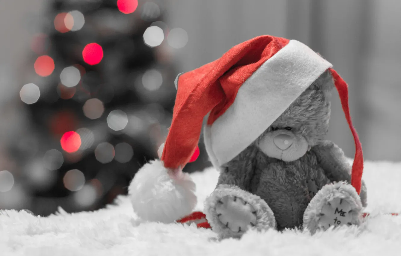 Фото обои праздник, шапка, игрушка, елка, медведь, боке