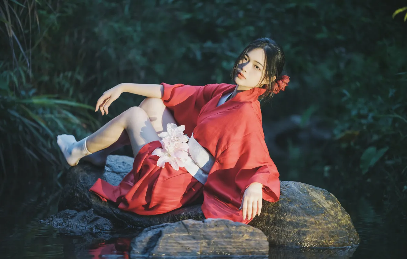 Фото обои Rock, Beautiful, Asian, Model, Flower, Water, Woman, River
