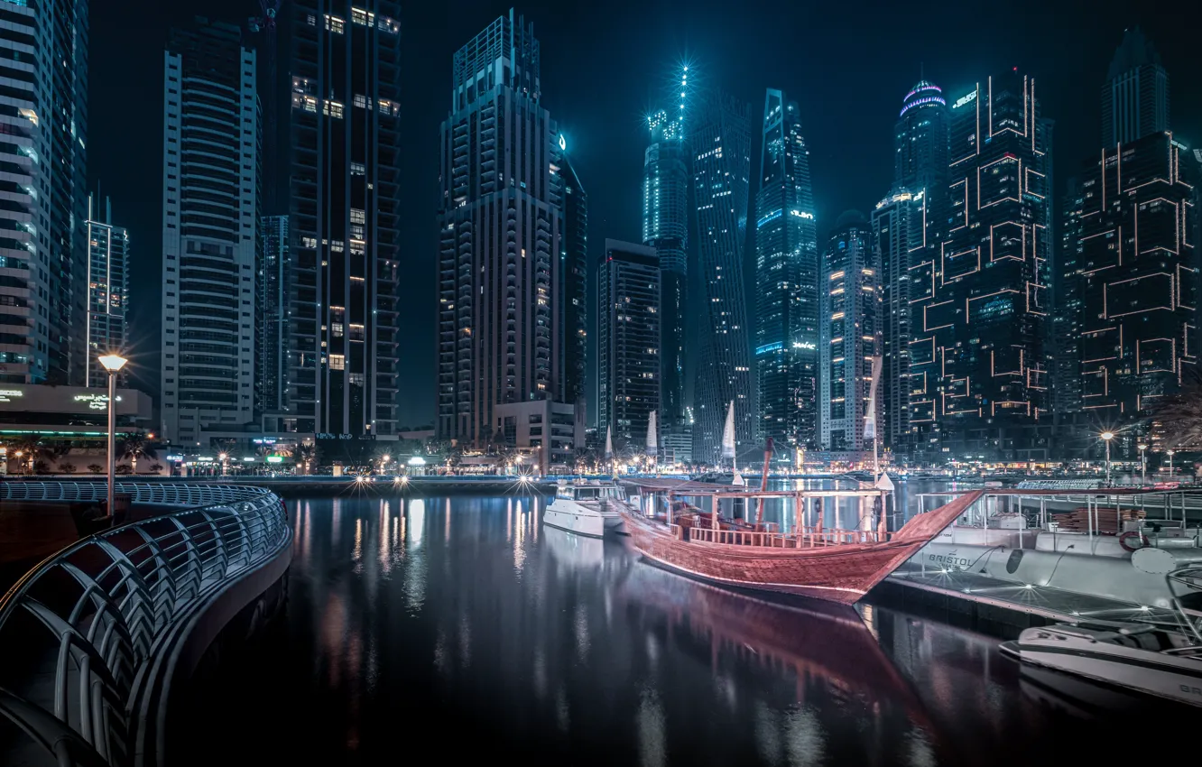 Фото обои здания, дома, лодки, залив, Дубай, ночной город, Dubai, небоскрёбы