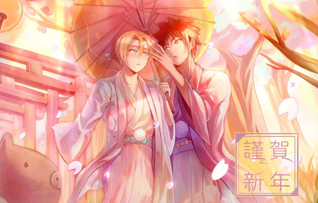 Фото обои зонтик, Япония, парни, В поисках божественного рецепта, Shokugeki No Soma