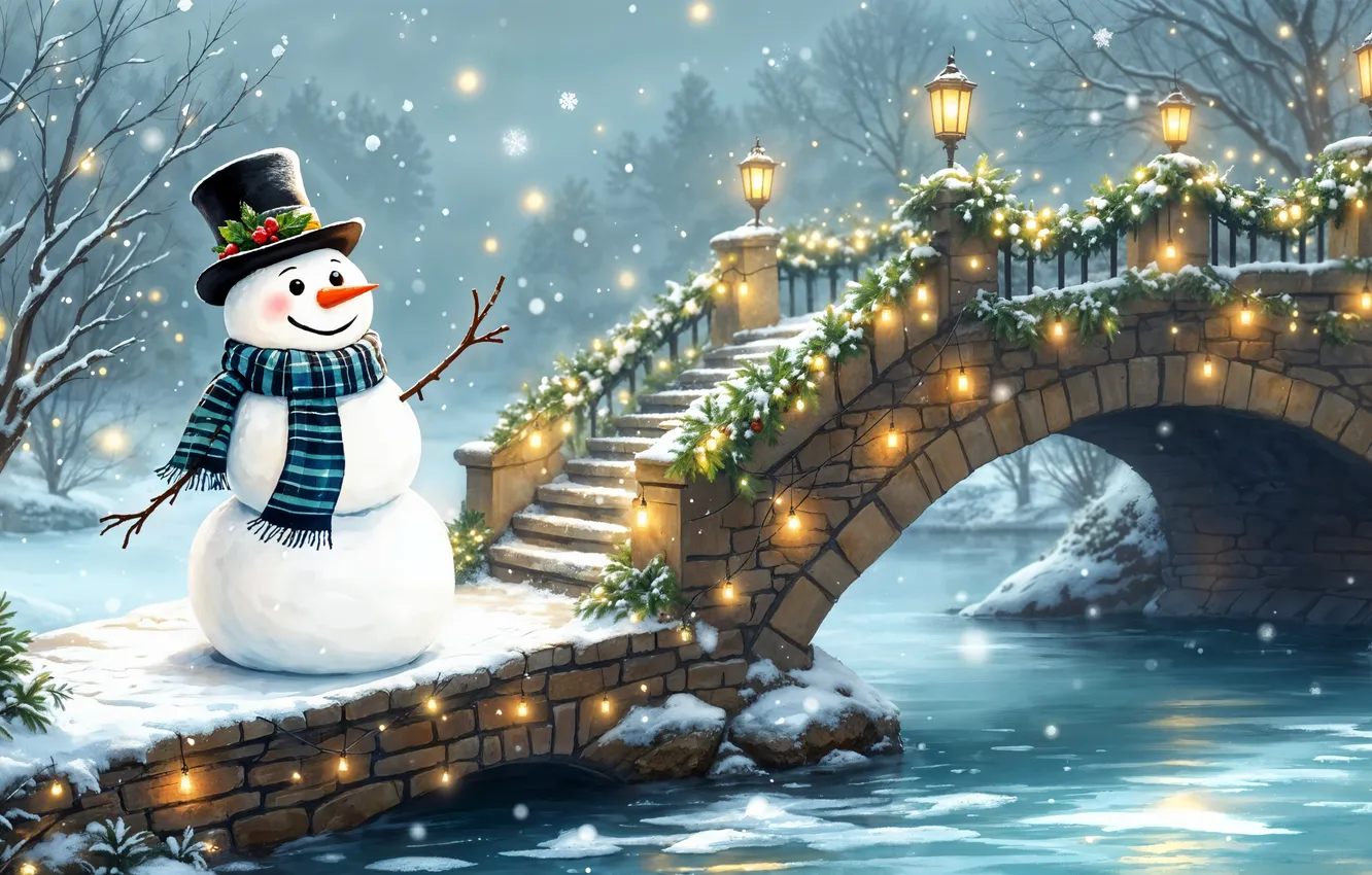 Фото обои зима, снег, украшения, Рождество, Новый год, снеговик, happy, Christmas