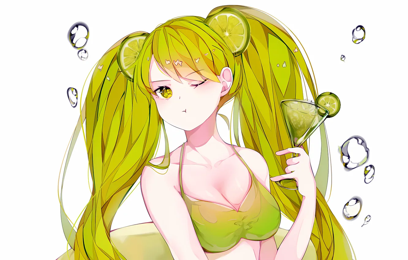 Фото обои girl, sexy, cleavage, green eyes, long hair, boobs, anime, beautiful