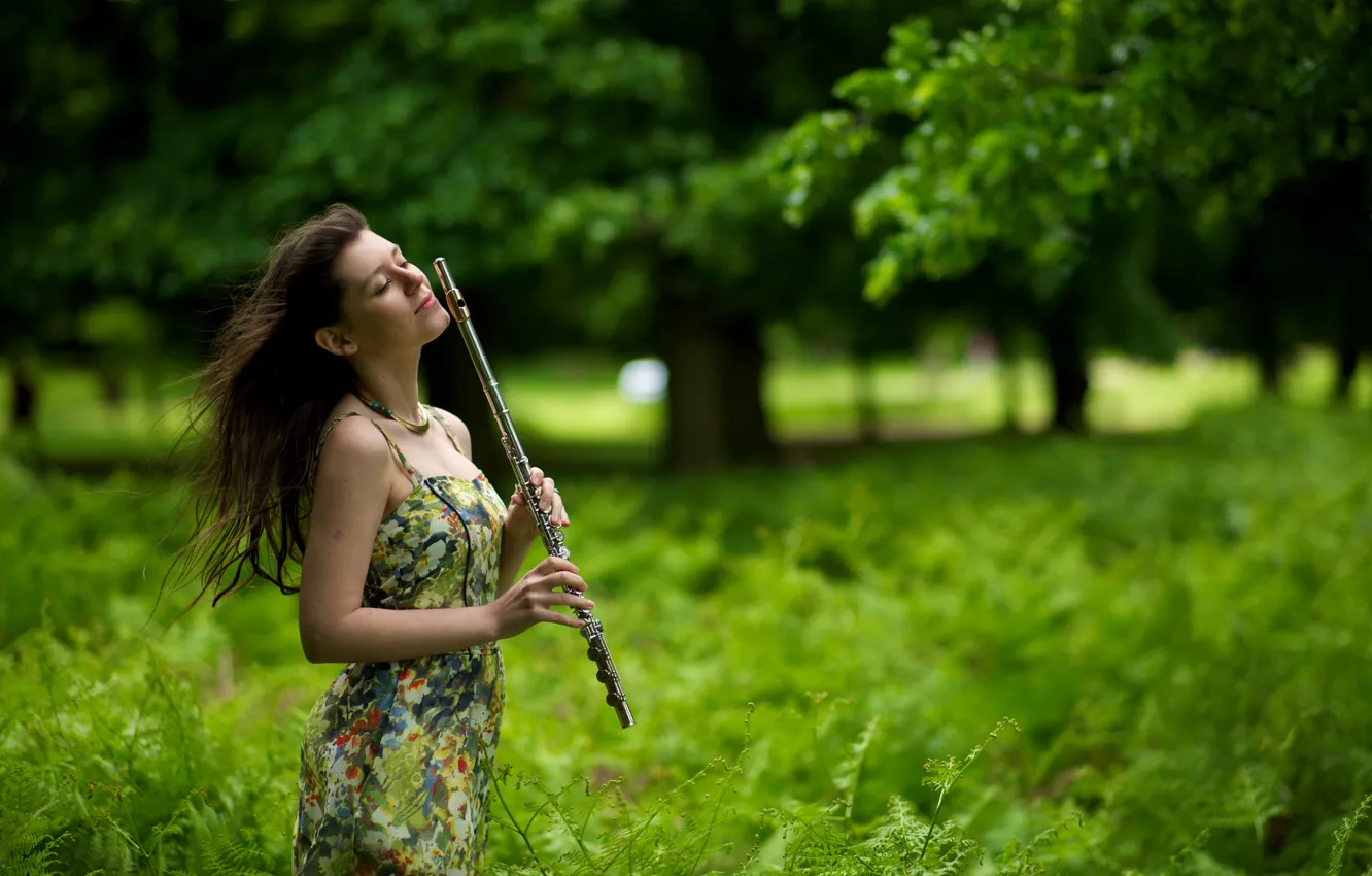 Фото обои девушка, музыка, флейта