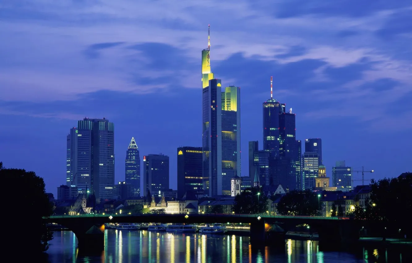 Фото обои city, lights, river, sky, bridge, Frankfurt, Germany, evening