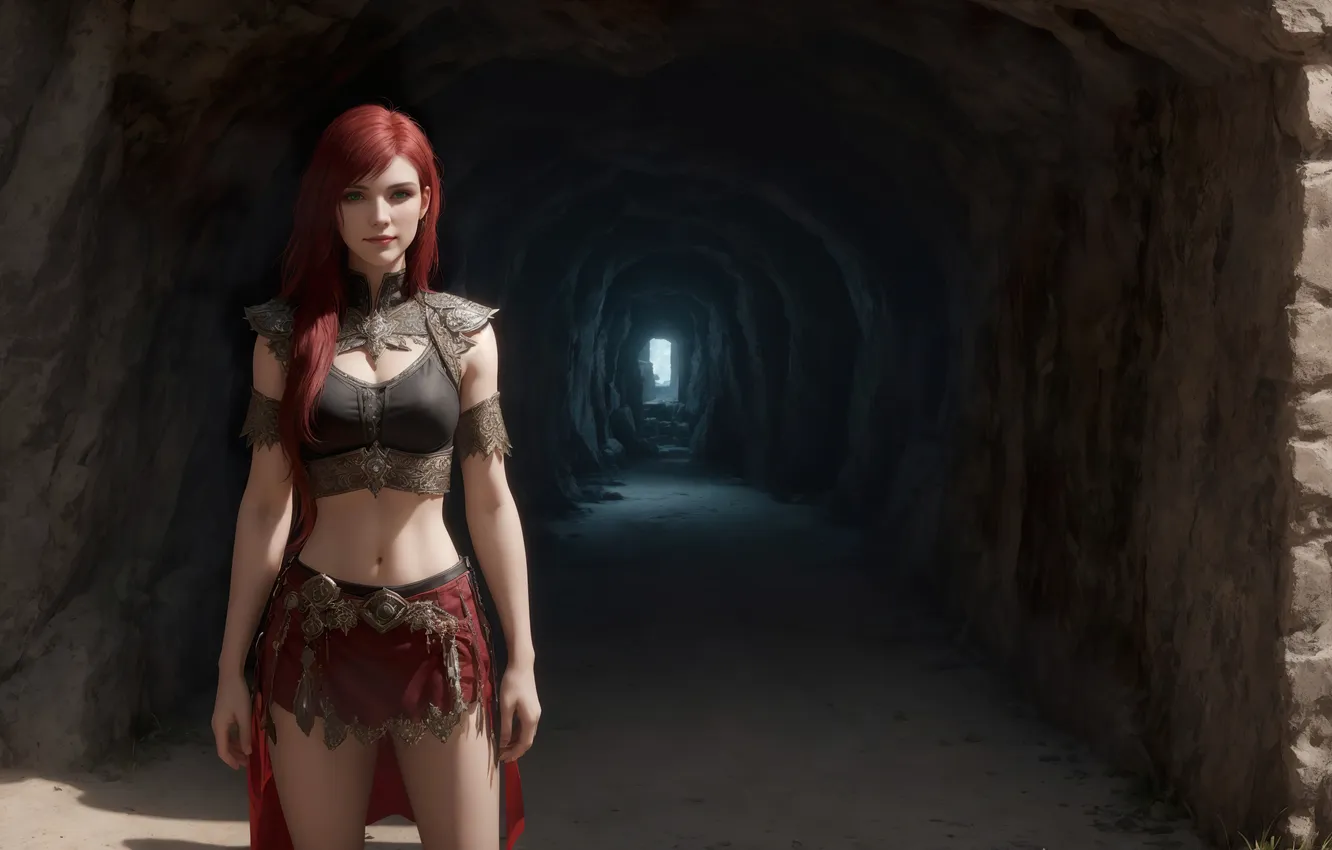 Фото обои girl, fantasy, red hair, green eyes, art, digital art, fantasy art, dungeon