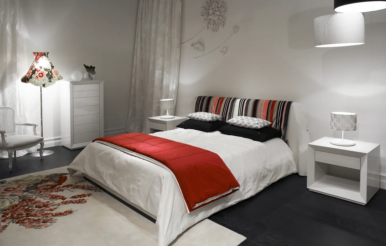 Фото обои белый, кровать, спальня, красный. kenzo