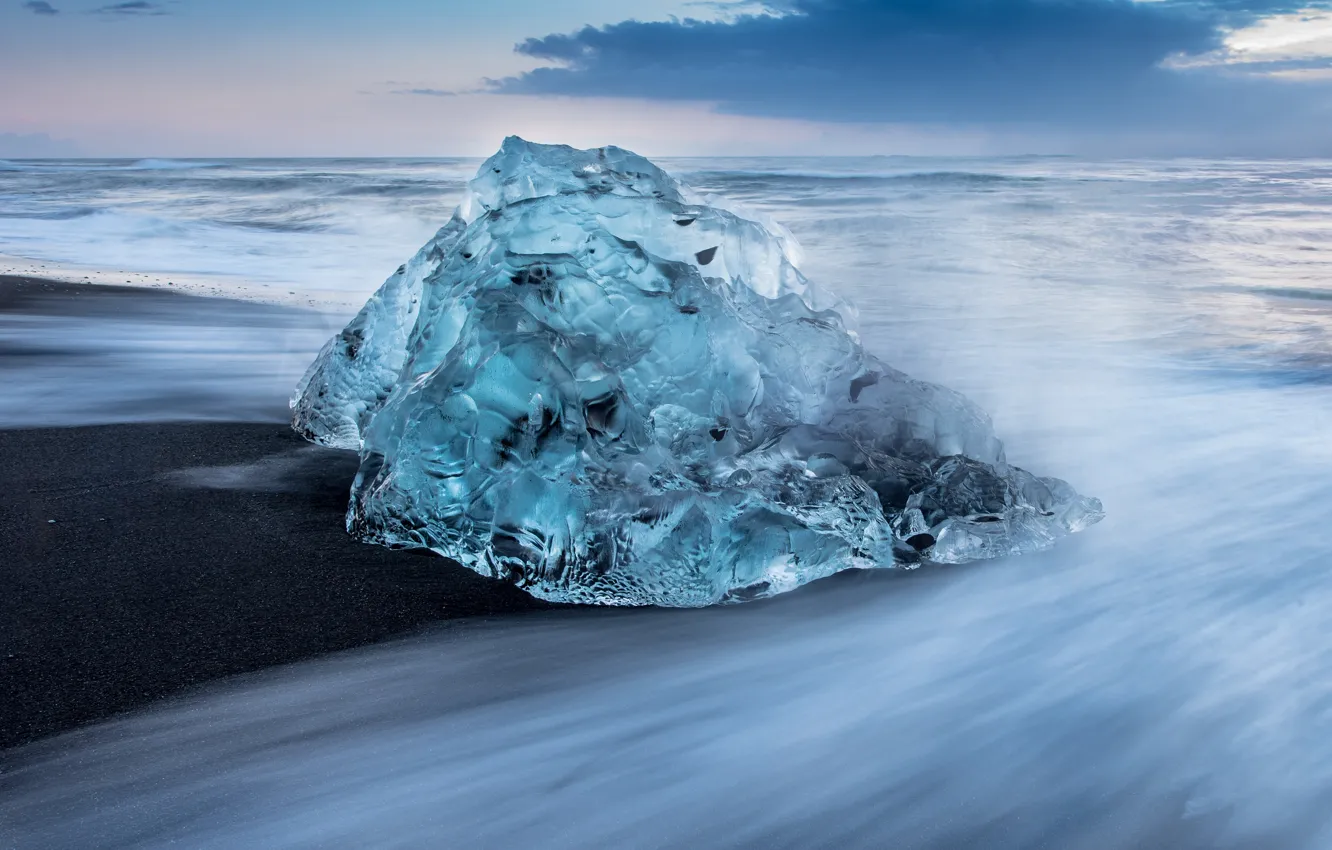 Фото обои лед, зима, песок, море, волны, небо, облака, прозрачный