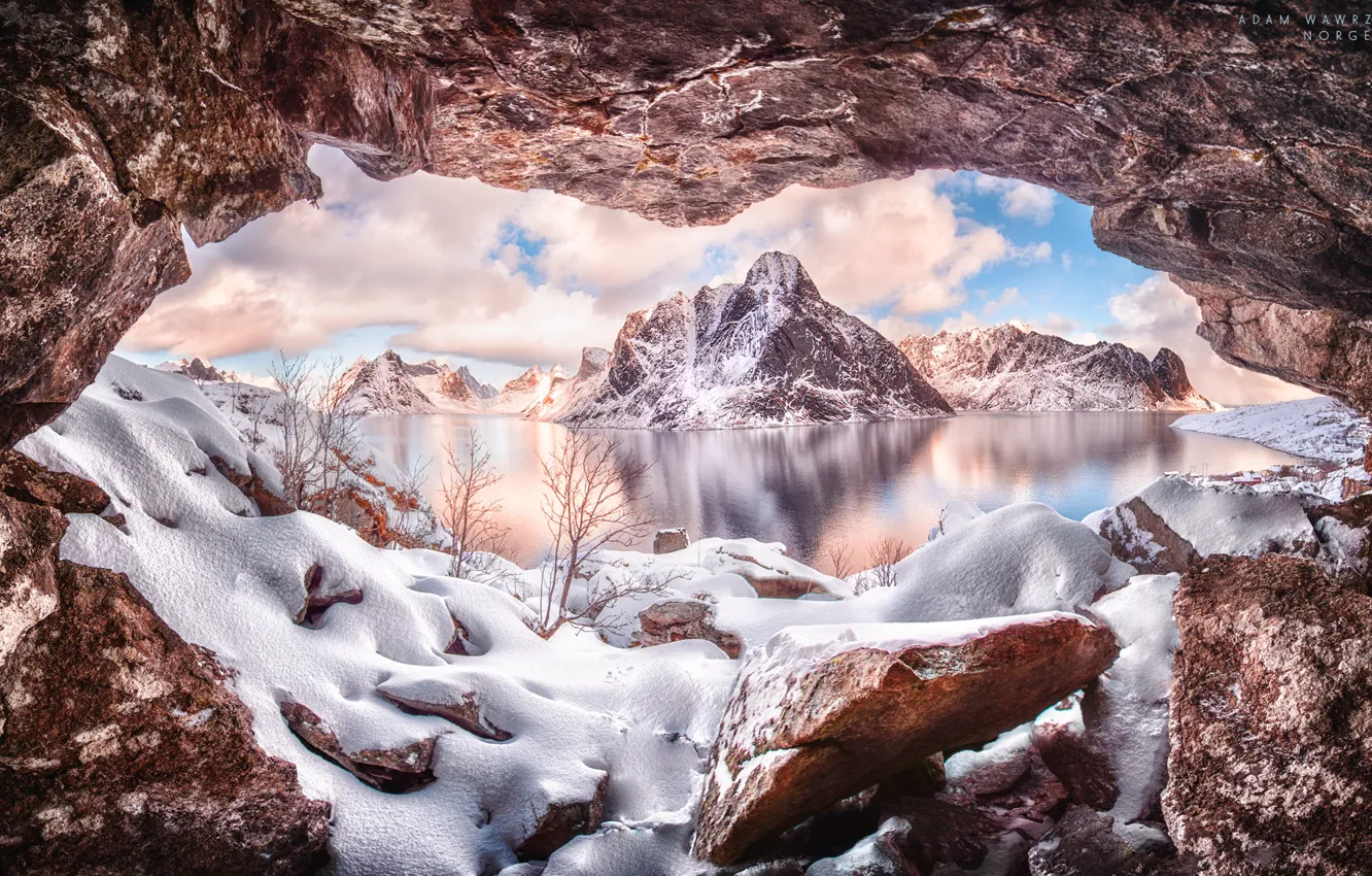 Фото обои зима, вода, снег, горы