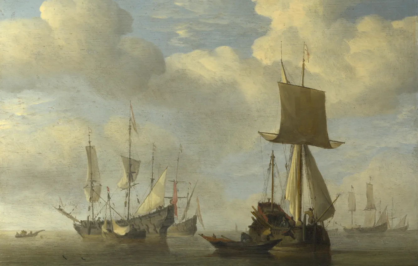 Фото обои корабль, картина, парус, Виллем ван де Велде Младший, An English Vessel and Dutch Ships Becalmed, …