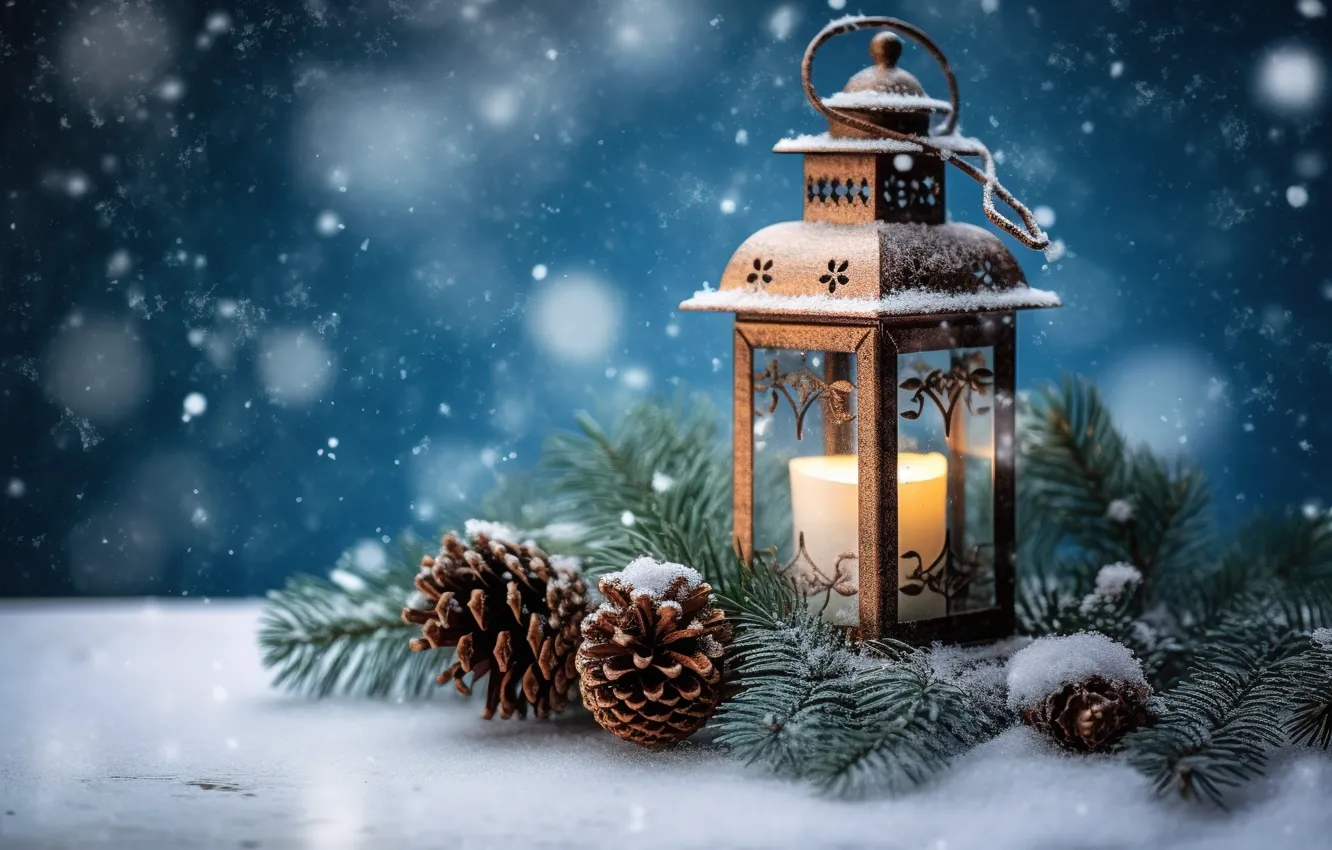Фото обои зима, снег, украшения, ночь, Новый Год, Рождество, фонарь, light