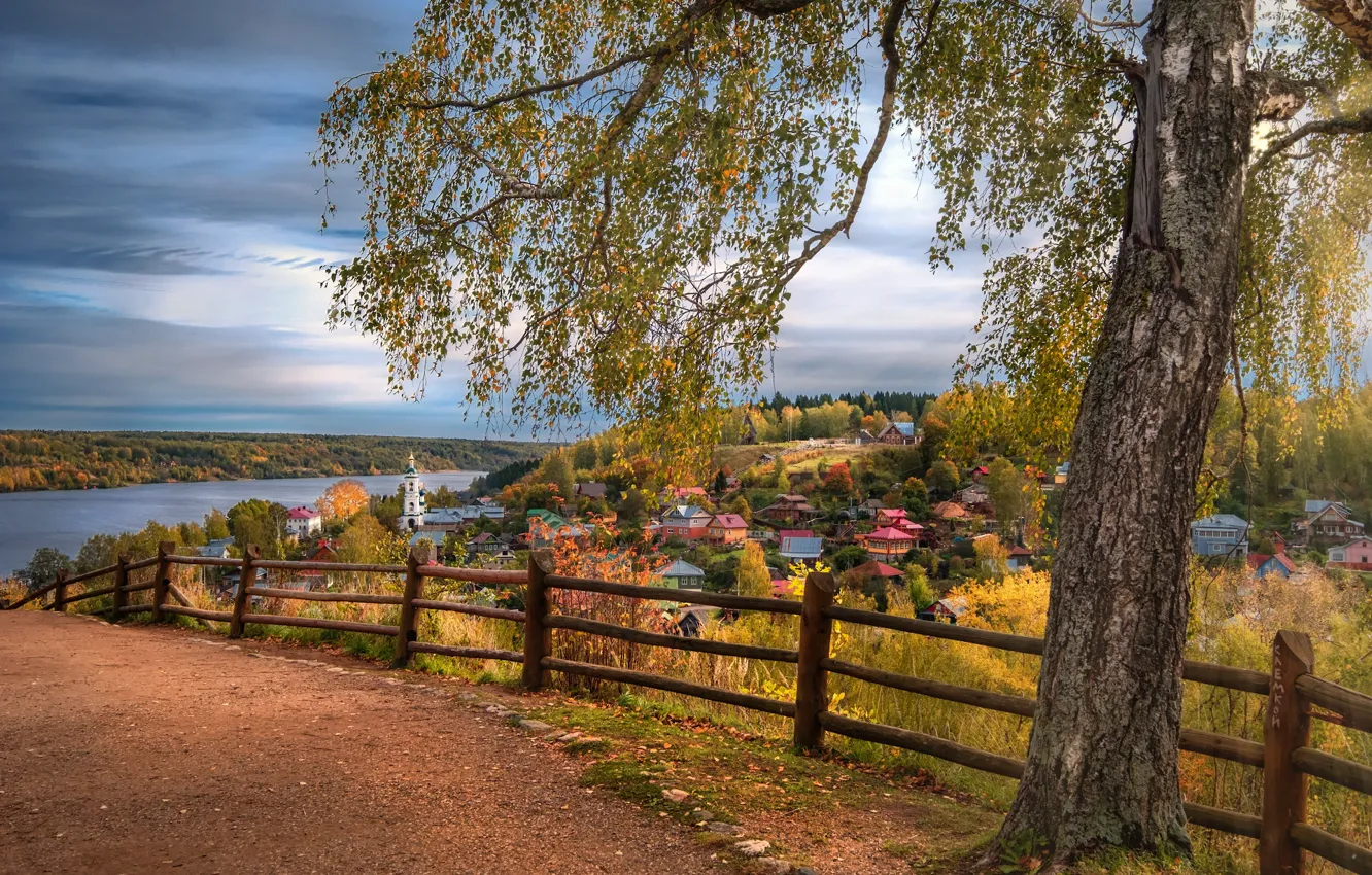 Фото обои дорога, осень, пейзаж, природа, город, река, дерево, забор