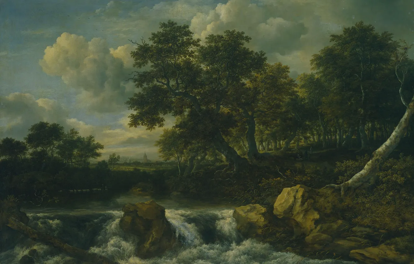 Фото обои масло, картина, холст, Якоб ван Рёйсдал, Пейзаж с Водопадом